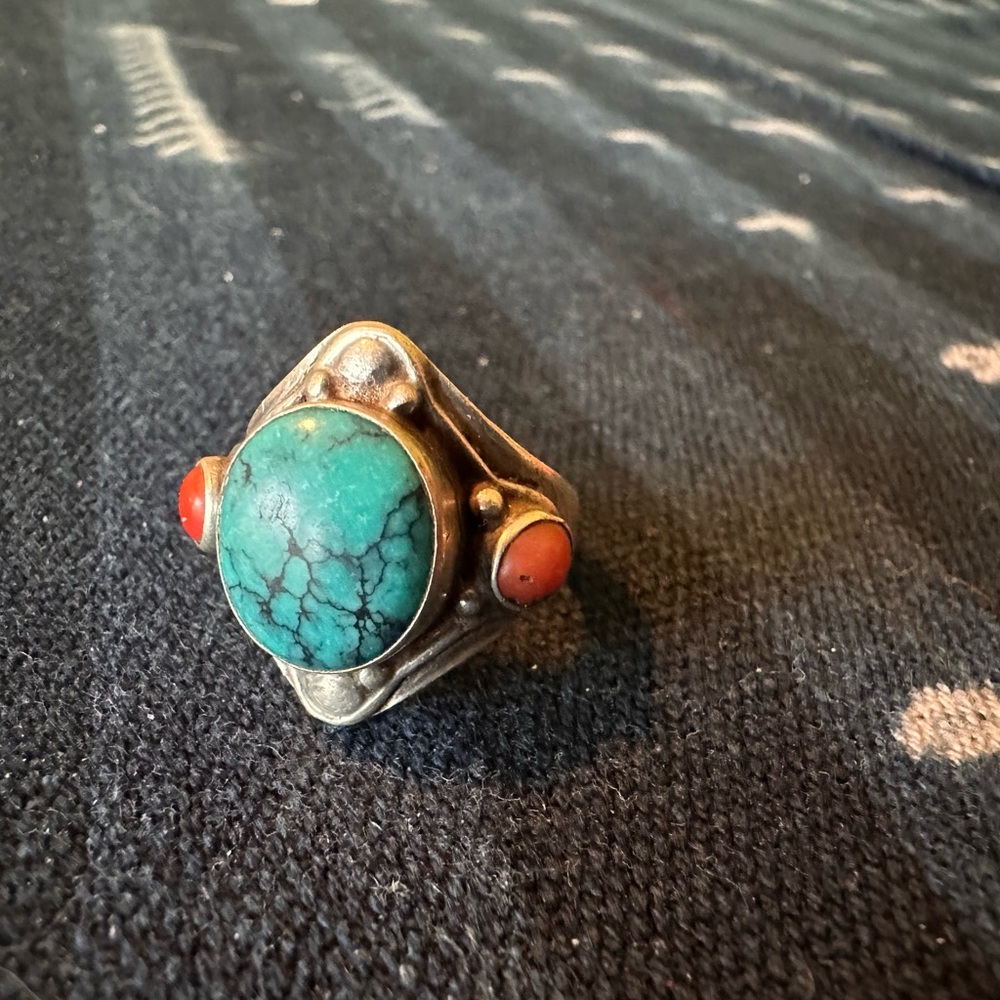 TURQUOISE AND CORAL STERLING SILVER RING